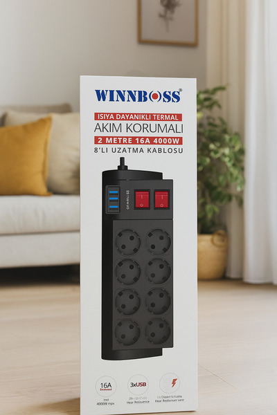 WINNBOSS Termal Akım Korumalı Anahtarlı 8li Priz 2mt 8li 3xusb 16A 4000W
