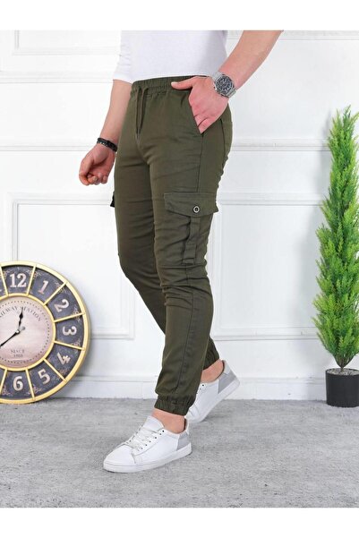 comstar Men's Washed Elastic Waist Cargo Pocket Khaki Trousers