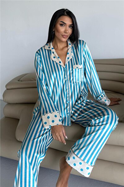 COCCOLARSI Mix Retrò Bej Mavi Kadife Uzun Pijama Takımı