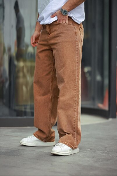 comstar Men's Wide Leg Basic High Waist Brown Baggy Trousers