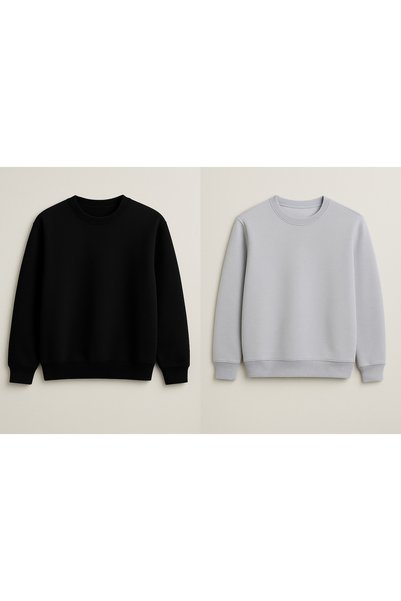 CLIPMAN Erkek Slim Fit Bisiklet Yaka 2'li Paket Sade Baskısız 3 Iplik Sweatshirt Siyah Gri