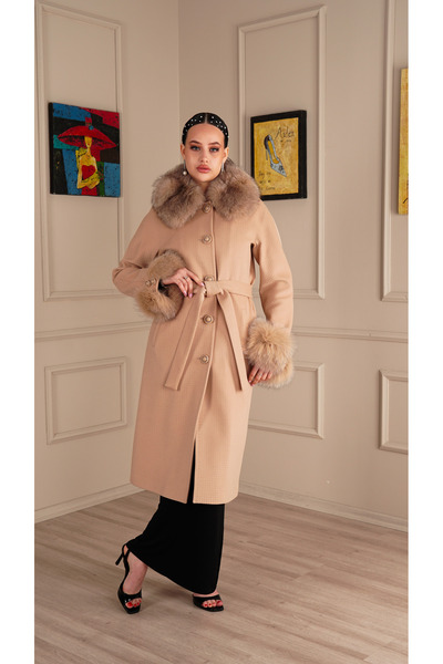 KENT Açık Camel Kürk Detaylı Kapitoneli Kuşaklı Uzun Kadın Kaşe Kaban