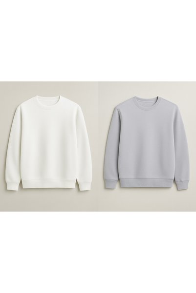 CLIPMAN Erkek Slim Fit Bisiklet Yaka 2'li Paket Sade Baskısız 3 Iplik Sweatshirt Beyaz Gri