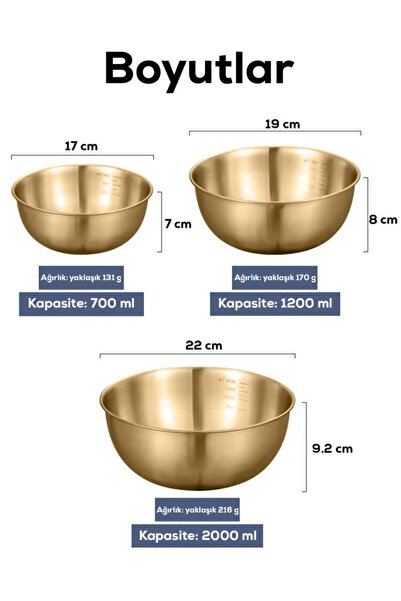 MUJGAN 3’lü Gold Paslanmaz Çelik Karıştırma ve Salata Kase Seti