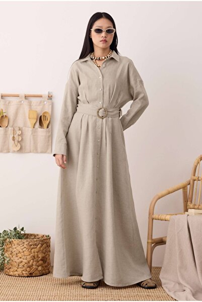 HEQA Keten Uzun Pileli Elbise