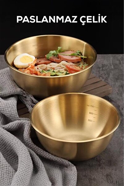 MUJGAN 3’lü Gold Paslanmaz Çelik Karıştırma ve Salata Kase Seti
