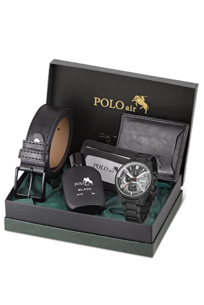 Polo Air Erkek Kol Saati Seti Cüzdan Kartlık Kemer Parfüm Kombin Siyah Renk KPL-0854E1