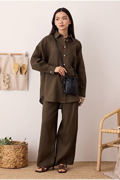 HEQA Pleated Basic Linen Trousers Hazelnut