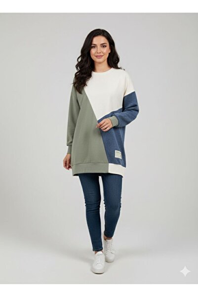 MY CİTY YASEMEN Kot Detaylı Tasarım Sweatshirt Kadın Haki