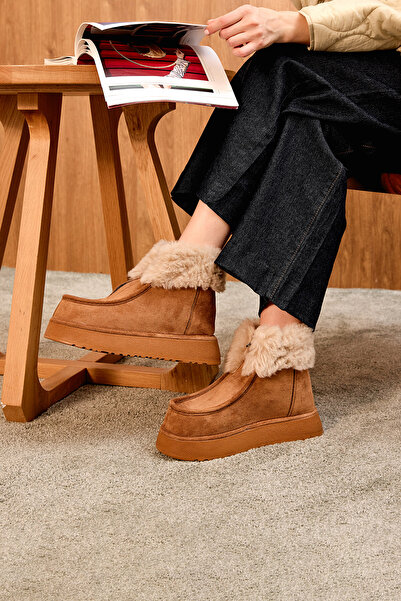 Tonny Black Kadın Taba Kalın Taban Kürklü Önü Fermuarlı Süet Bot