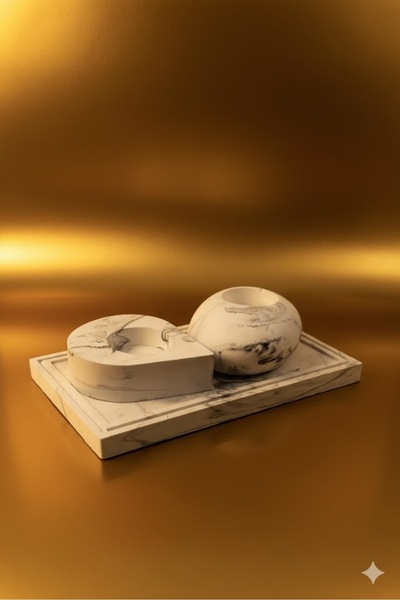 thebouqet Üçlü Set Mermer Desenli Beton Tealight Mumluk Ve Tepsi