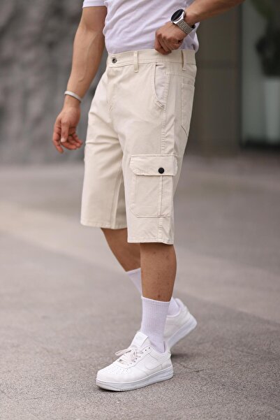 comstar Men's Cotton Loose Stretchy Cargo Pocket Ecru Capri Shorts