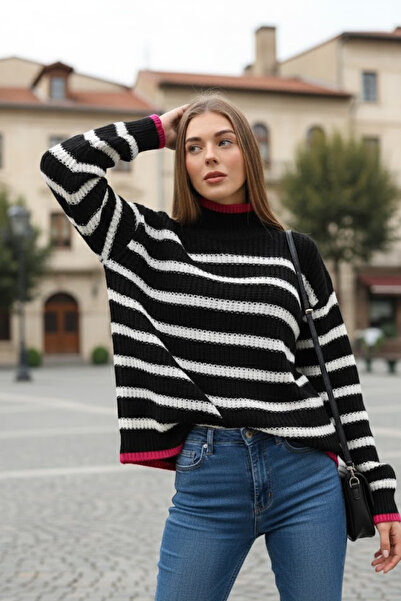 Devinka سترة تريكو سوداء كبيرة الحجم مخططة للنساء