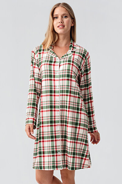 Artış Thermal Long Sleeve Button down Plaid Print Stretchy Soft Textured Nightgown