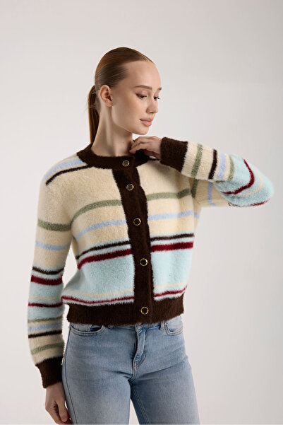 İLKCET MODA Women's Very Soft Textured Striped Knitwear Cardigan