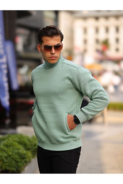 comstar Чоловічий светр з коміром-стійкою, кишенями та капюшоном, зелений