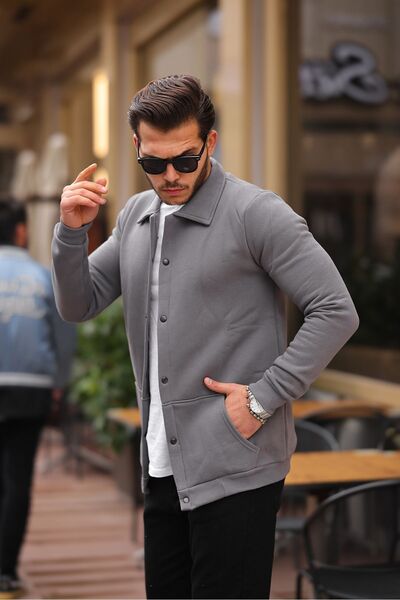 comstar Чоловічий светр з кишенями, з утепленням всередині, поло-коміром і широкими рукавами, колір темного сірого.