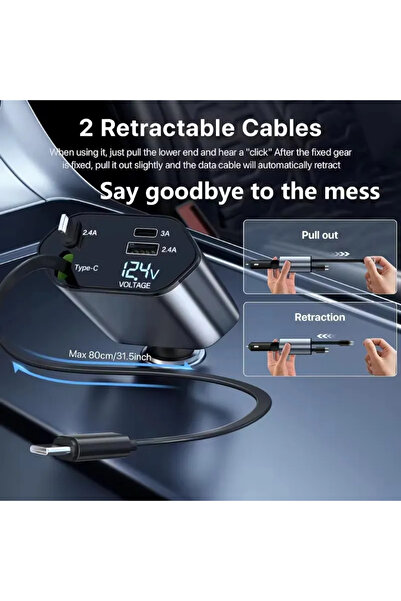 Generic 4-in-1 Retractable Car Charger – 60W Fast Charging, USB Type-C, Multi-Device, Fireproof ABS