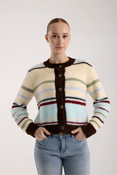 İLKCET MODA Women's Very Soft Textured Striped Knitwear Cardigan