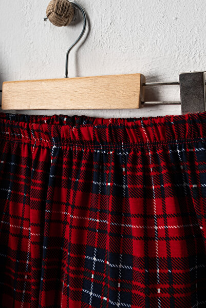 Genel Markalar Kız Çocuk Pamuklu Süet Kumaş Kırmızı Ekose Desenli Gömlek Yaka Düğmeli Uyku Gözlüklü Pijama Takımı