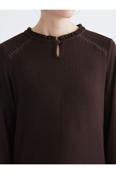 LC Waikiki Brown Ruffled Crew Neck Blouse
