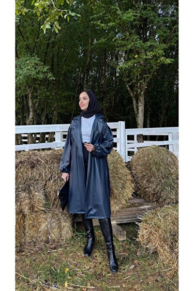 comstar Women's Waist Tie Balloon Sleeve Leather Trench