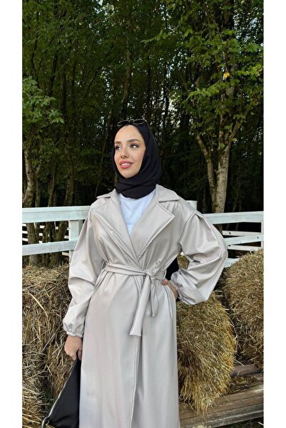 comstar Жіночий шкіряний плащ з підв'язками на талії та рукавами-балонами