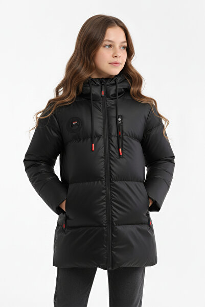 QAWWA Dívčí zimní nafukovací bunda s kapucí a kapucí z černého vlákna