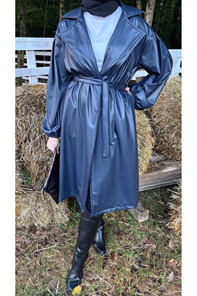 comstar Women's Waist Tie Balloon Sleeve Leather Trench