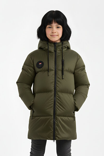 QAWWA Girl's Khaki Fiber Hooded Windproof Inflatable Winter Jacket