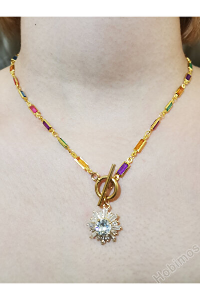 Hobimos Special Series Colorful Zircon Stone End Pendant - Stylish Steel Necklace