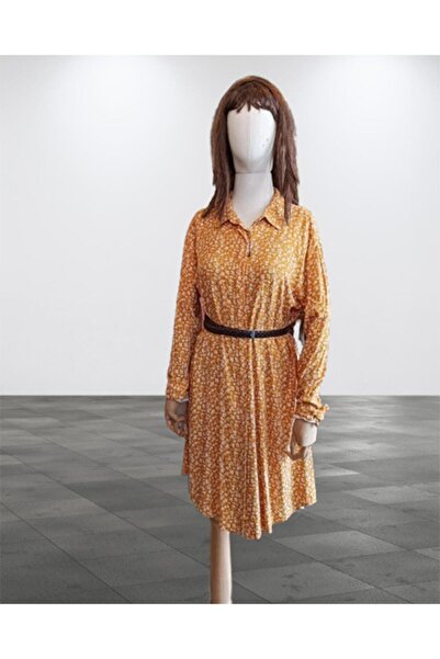 Namaste Vintage Hardal Renk Floral Desenli Gömlek Elbise (44-46-48 BEDEN UYUMLU)