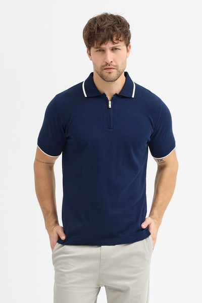 hateko Синій 100% бавовняний трикотажний футболка з напівзастібкою та поло-коміром