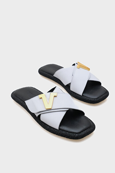 Capone Outfitters Kata Genuine Leather Cross Banded V Buckle Flat Heeled Comfort Women's Slippers