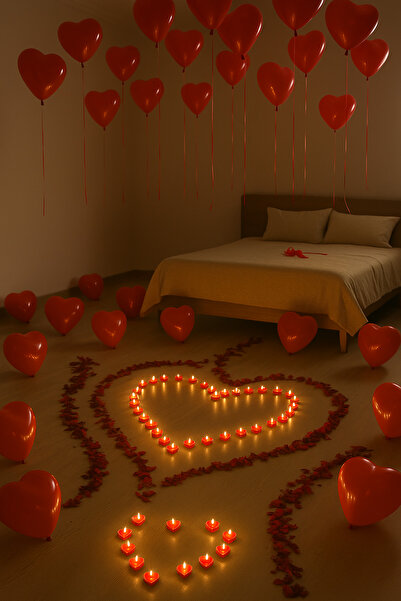 Parti dolabı February 14Th Special Romantic Surprise Room Home Decoration Valentine's Day Set Rose Petal 50 Heart Candles, 25 Balloons