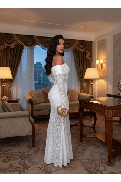 Miss Beyoğlu Kadın Dantel Abiye Elbise – Omuz Açık, Uzun, Şık Gece & Davet Elbisesi – Yeni Sezon