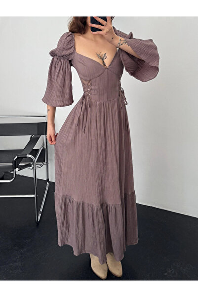 Lady Pixie فستان طويل من القماش القطني بأكمام منخفضة