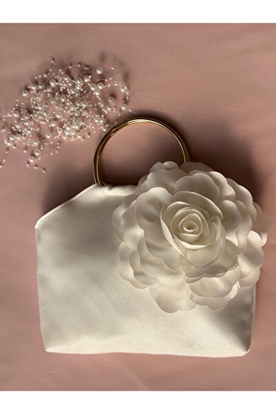 GUSTELLO White Gold Metal D Handle 3D Rose Motif Flower Handbag |   Wedding/Invitation Packages
