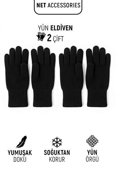 Net Tekstil Set of 2 Black Men's Winter Wool Gloves Knitwear