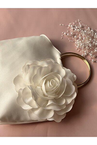 GUSTELLO White Gold Metal D Handle 3D Rose Motif Flower Handbag |   Wedding/Invitation Packages