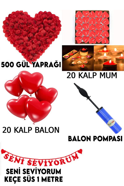 Parti dolabı Evlilik Teklifi 500 Gül Yaprağı+ 20 kalp mum+ 20 KALP balon+ Balon Pompası + Yazı Seni Seviyorum