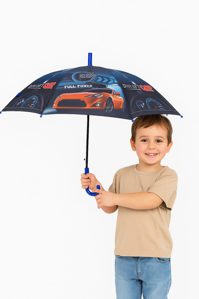 esdekor Lacivert Araba Yarış Temalı Otomatik Erkek Çocuk Şemsiyesi 8 Telli