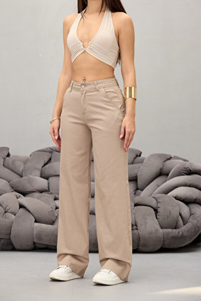 BİKELİFE Kadın Bej Yüksek Bel Likralı Esnek Geniş Paça Palazzo Pantolon