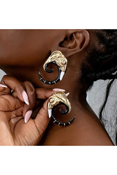 LYRA ZR Gotik Fil Başlı Altın Siyah Tasarım Küpe