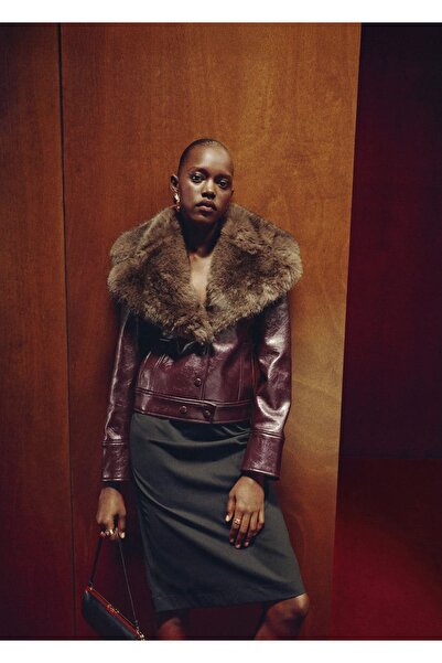 MANGO Woman Fur Collar Leather-Look Jacket