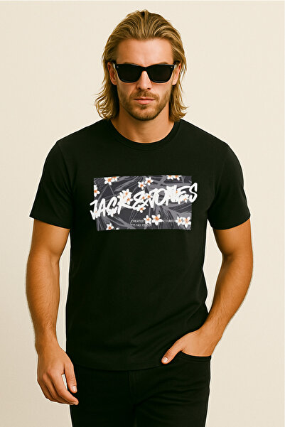 Jack & Jones Bisiklet Yaka Siyah Erkek T-Shirt 12269324_JJHAWAII SHAPE TEE SS CREW