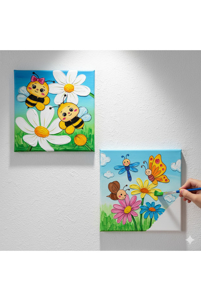 dudu ahşap OKUL Etkinliği-2'li Tuval Boyama Seti. 20x20 Cm Uv Baskı 6 Akrilik...