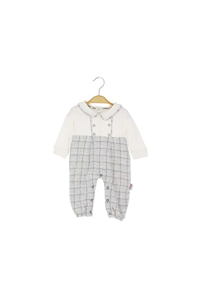 atabay Checkered Bottomed Baby Collar Combed Cotton Jumpsuit with Ruffles Gray