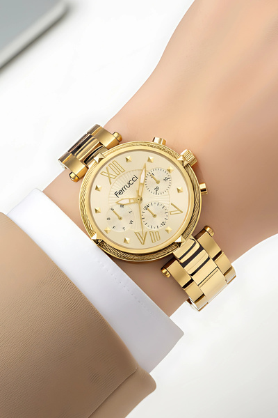 Ferrucci Kadın Kol Saati Çelik Kordon Çelik Kasa Taşlı Bileklik Hediyesi ile Gold zmfer045