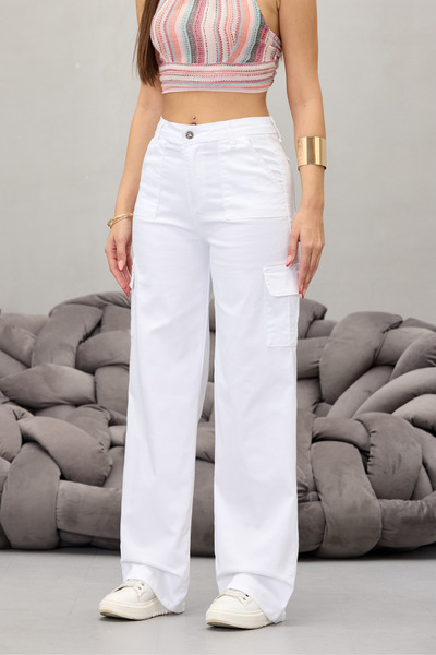 BİKELİFE Fehér Cargo Pocket Lycra magas derekú széles szárú nadrág